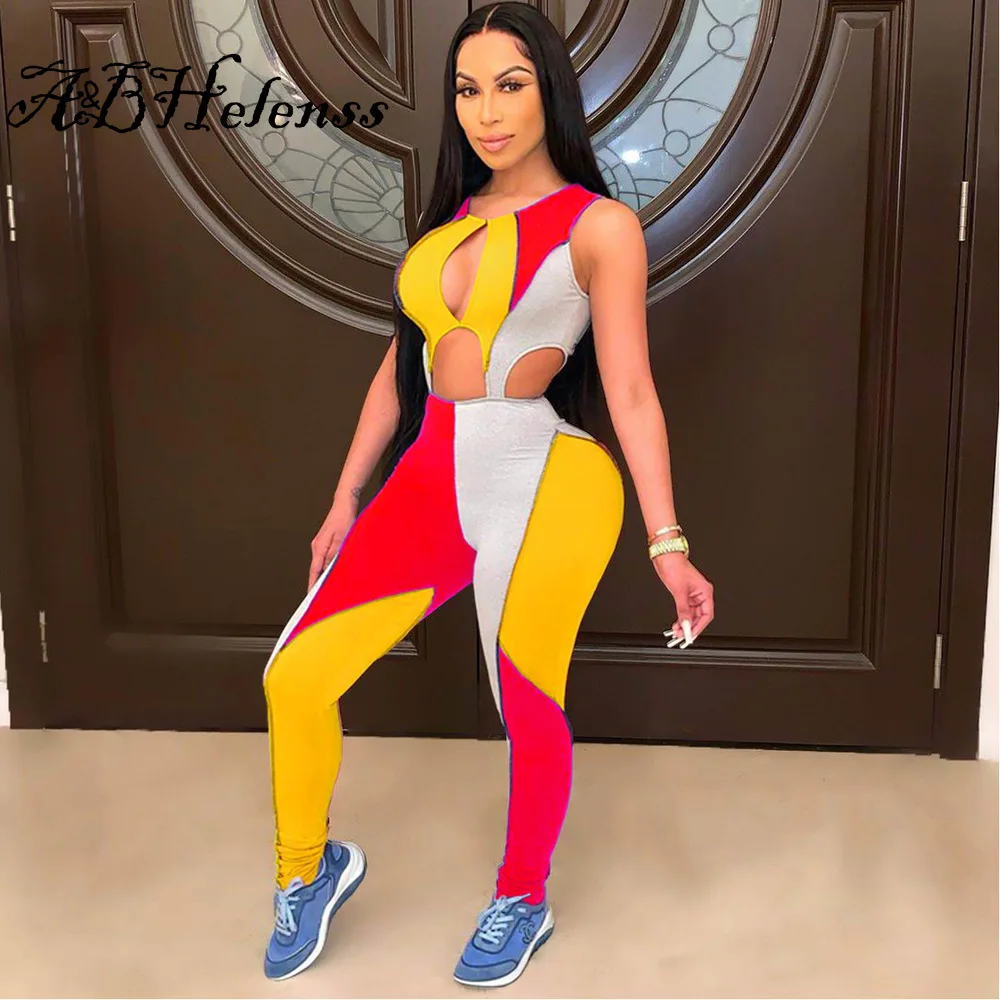 

A&BHelenss Casual Sleeveless Bodycon One Piece Overalls New Color Block Cut Out Hole Rompers Womens Activewear Jumpsuit