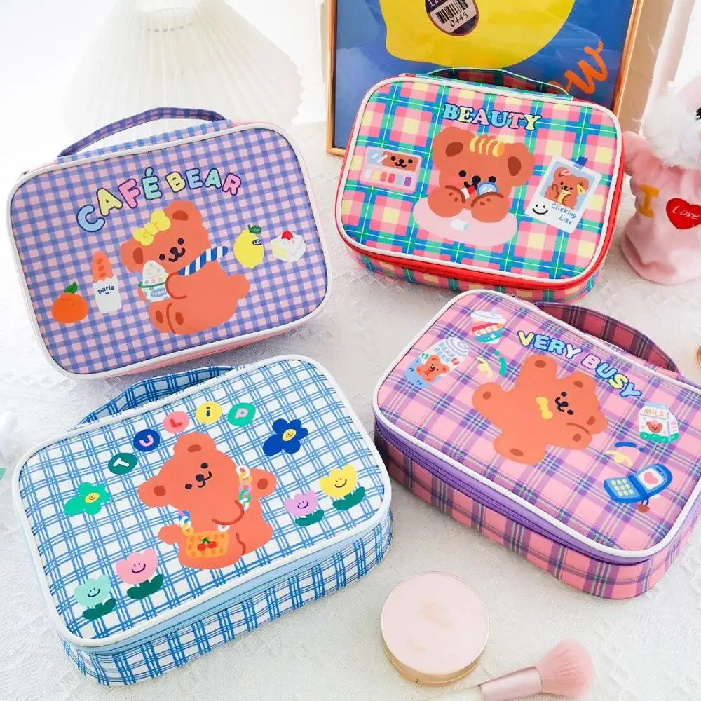 

MINKYS Kawaii Bear Big Capacity PU Desktop Storage Bag Makeup Pens Notebook Organizer Handbag Travel Bag Korean Stationery