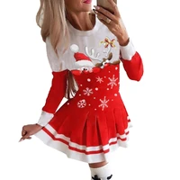 christmas women cartoon funny print mini dress pleated classic casual a line dresses round neck long sleeve short slim pullover
