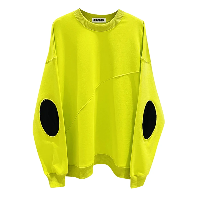 

2021 Spring Round Collar Cotton Loose Personality Sweatshirt Korean Leather Patchwork Long Sleeve Chic Pullover Oversized Hoodie