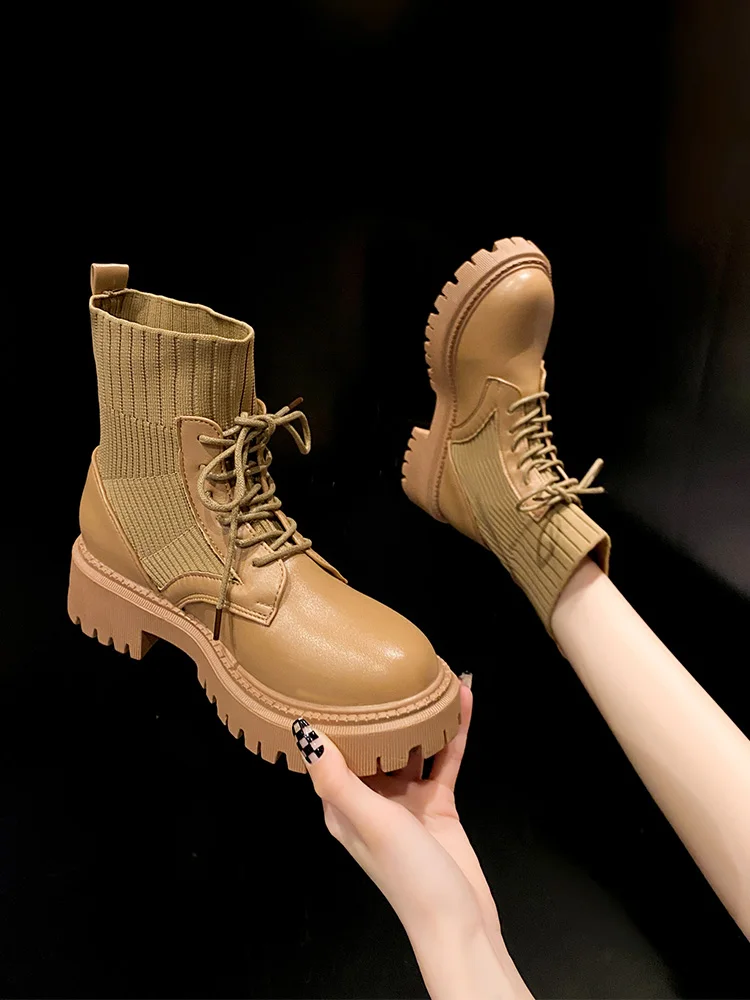 

Ботинки женские на платформе, Винтажные эластичные, на высоком каблуке, модные полусапожки цвета хаки, на шнуровке, черные, осень