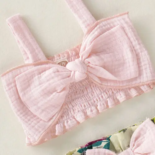 

Baby Girls Clothes Sets Sleeveless Pink Bow Vest Crops Tops+Floral Shorts Bottoms 2PCS Outfits Baby Clothing