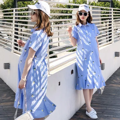 

New Fashion Maternity Dress Korean Fashion Stripe Embroidered Large Size Mid-length Maternity Dress