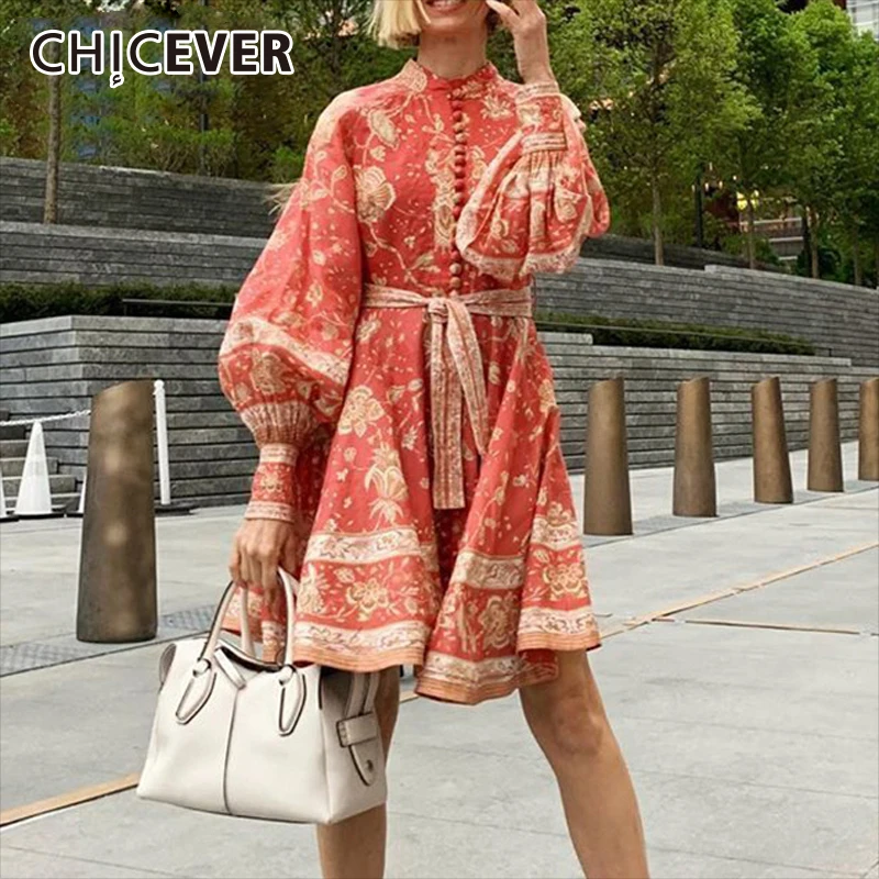 CHICEVER винтажные красные мини платья с цветочным принтом длинным рукавом и поясом