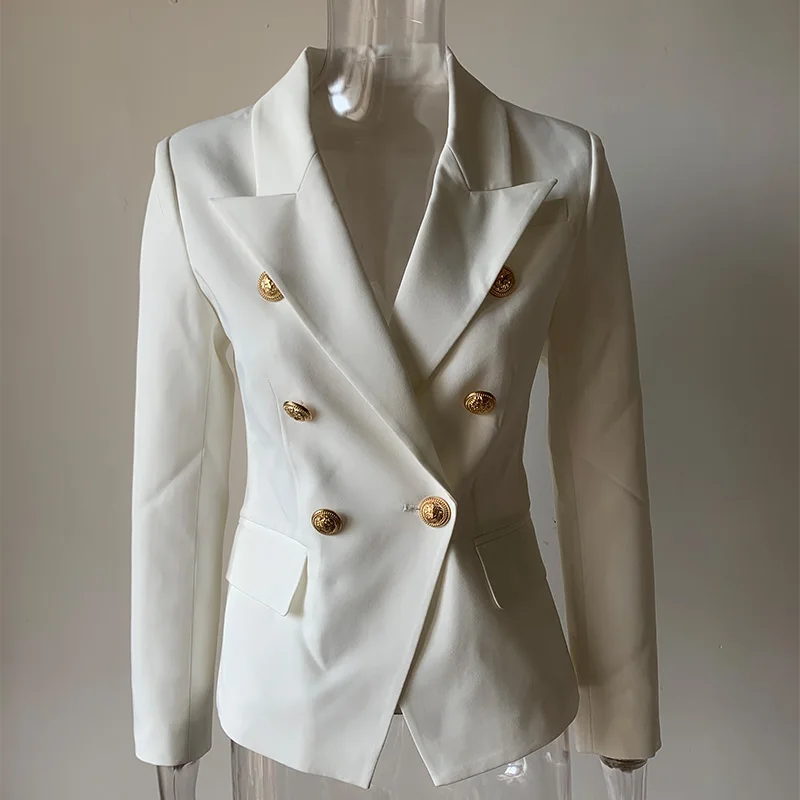 

Spring Autumn Top-Quality Fabric White Classic Suit Jacket Metal Double-Breasted Decoration Design Slim Office Lady Capable Suit