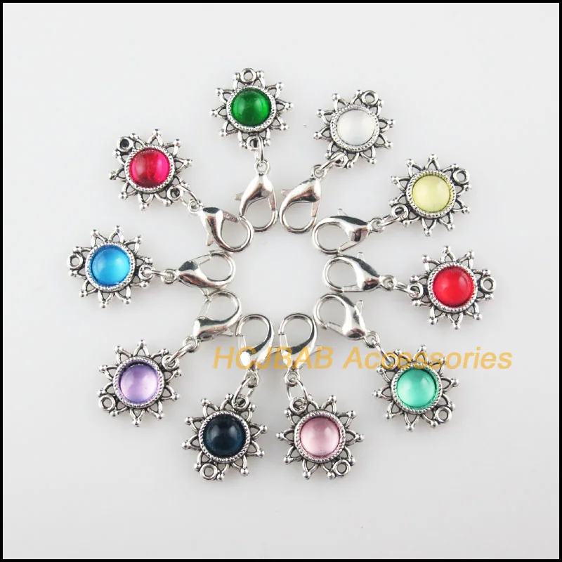 

10Pcs Tibetan Silver Tone Sun Flower Frame Mixed Resin Charms Pendants With Lobster Claw Clasps 14mm