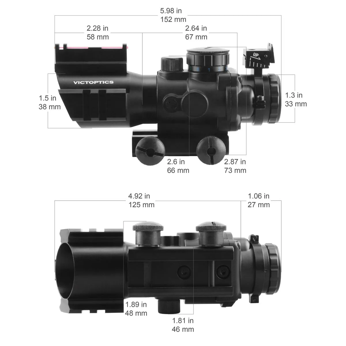 Прицел призматический Victoptics 4x32 с железным прицелом и волоконно-оптическим 3