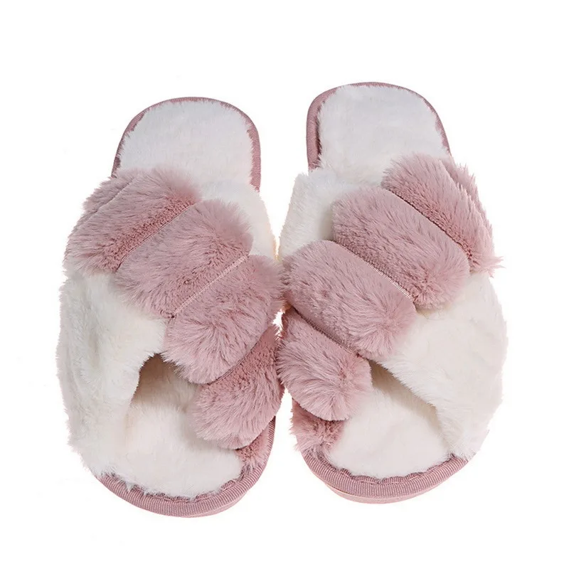 

2021 Women House Slippers Faux Fur Fashion Warm Shoes Woman Slip On Flats Female Slides Black Pink Cozy Home Furry Slippers