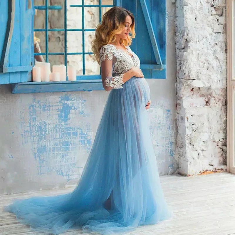 

3/4 Sleeve Maternity Evening Dresses 2022 Empire Waist Party Prom Gown For Pregnant Tulle Sexy Front Split Button Sweep Train