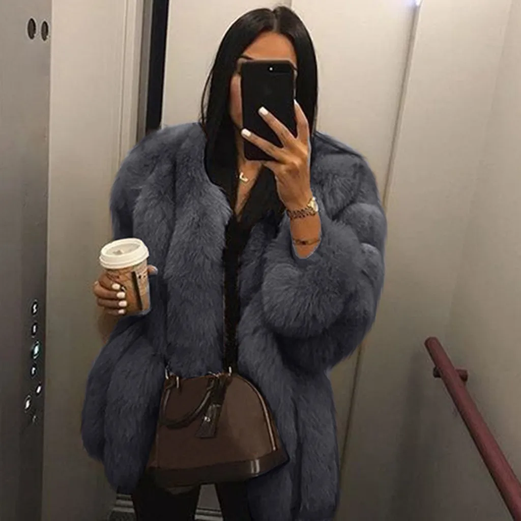 

Elegant Women Coat Faux Fur 2020 Casual Tunic Female Furry Thick Warm Long Faux Rabbit Fur Jacket Loose Winter Coat Women