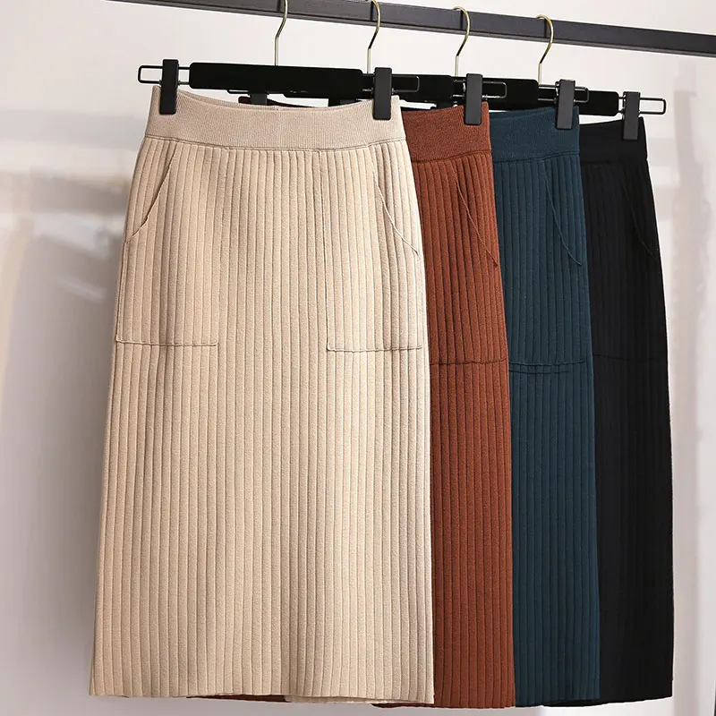 Винтажный зимний женский толстый свитер юбка эластичная высокая талия