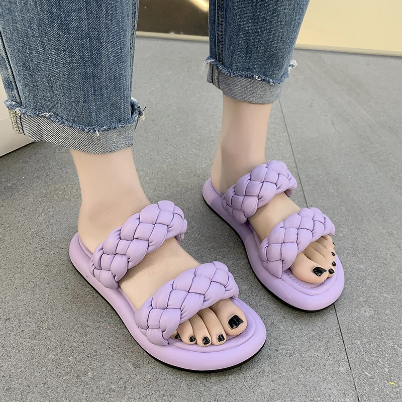 

Women Narrow Band Slippers Outdoor x Open Toe Mules Female Sandals Summer Fashion Leather Braided Shoes Women Platform Slippers