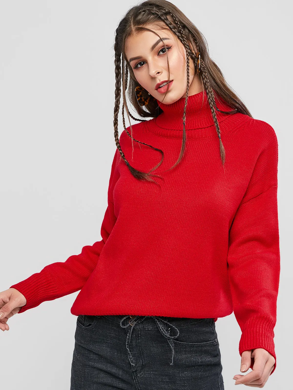 ZAFUL Winter Plain Turtleneck Drop Shoulder Sweater For Women Solid Color Long Sleeve Ladies Pullovers Female Tops Newest 2019 | Женская