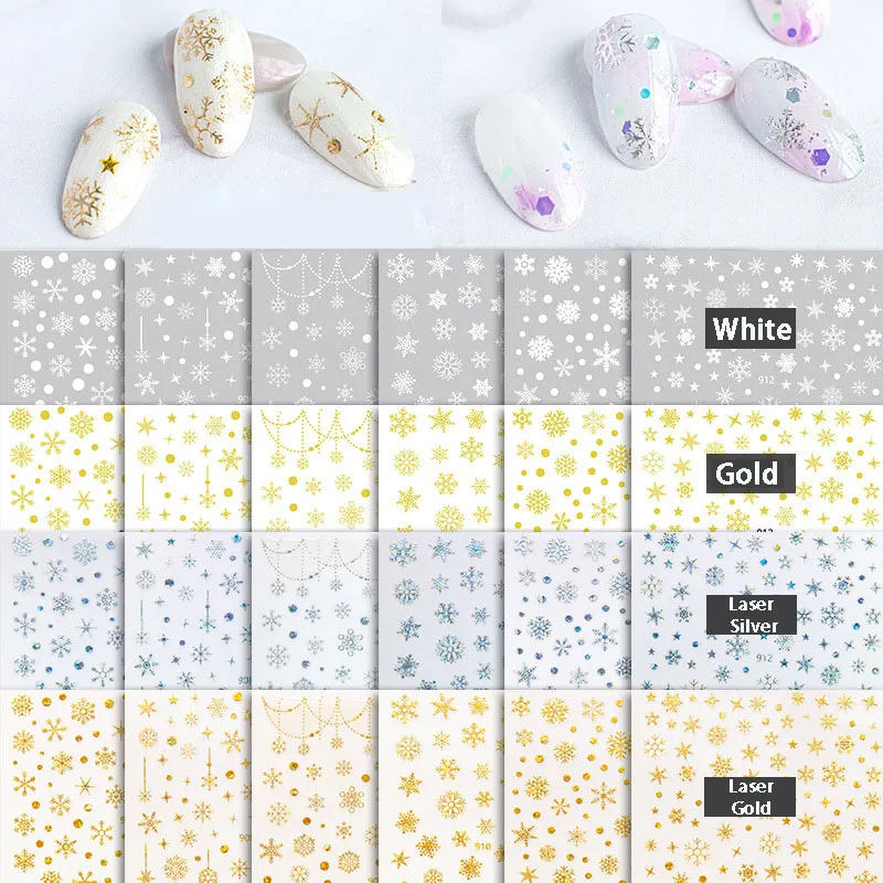 

Наклейки для ногтей самоклеящиеся, серебристые, золотистые, бронзовые, зимняя Новогодняя Снежинка #-907 #, 6 шт./набор, 912