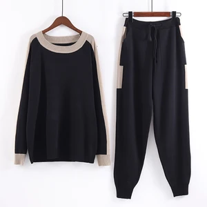 Женский модный Свободный вязаный костюм большого размера, новинка 2021, осенне-зимний топ с круглым вырезом и длинными рукавами + брюки на шнуровке, Женский комплект из двух предметов