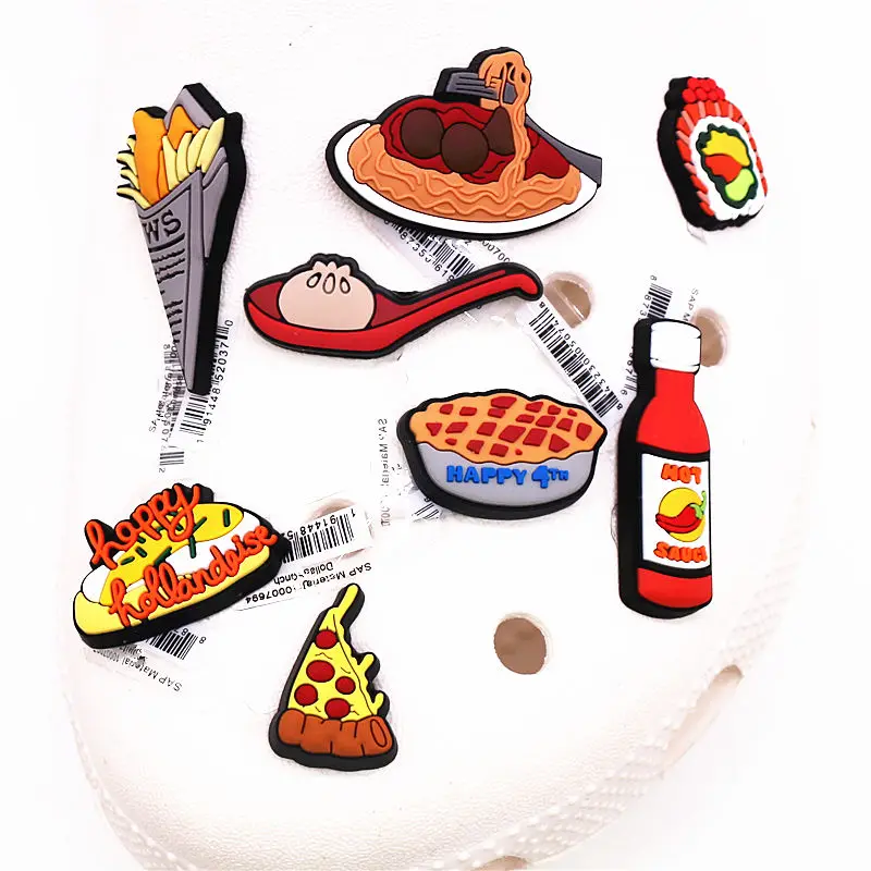 

Single Sale Original Food Shoe Charms Pizza Spaghetti Pie Garden Shoe Buckle Accessories Decorations Fit Croc JIBZ Kids Gifts