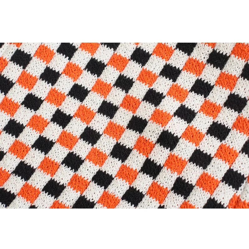 

ZA Women Fashion Check Color Matching Knitted Vest Sweater V-neck Vintage Sleeveless Female Waistcoat And High Waisted Shorts