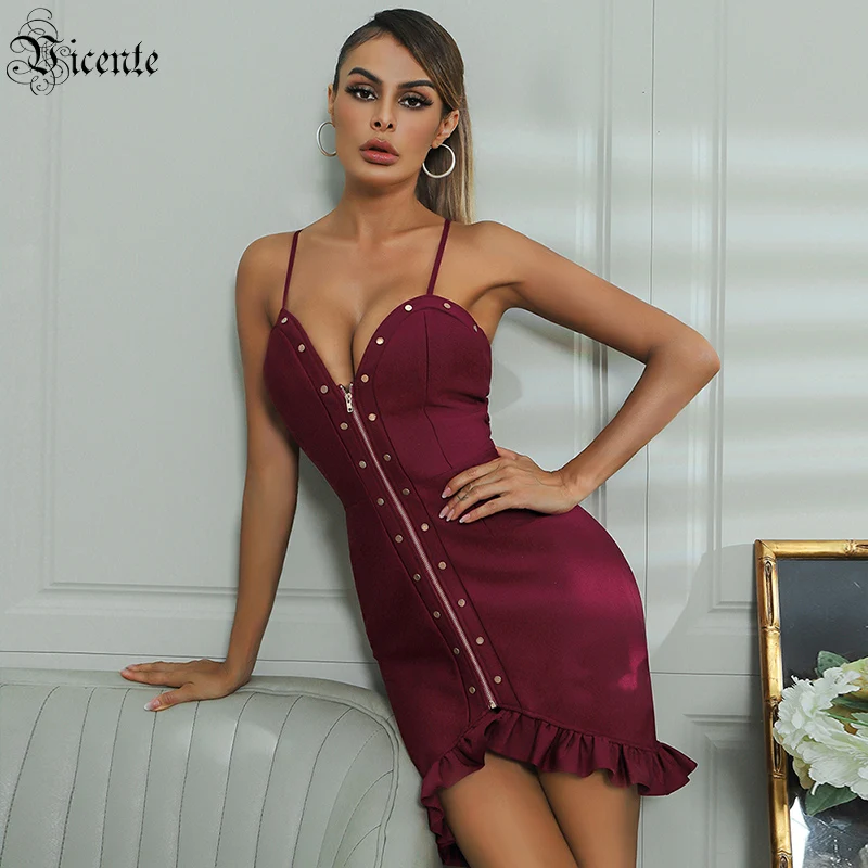 

VC Dress For Women Fashion Front Zipper Ruffled Round Burgundy/Black V-neck Sleeveless Sling Bandage Suspender Skirt