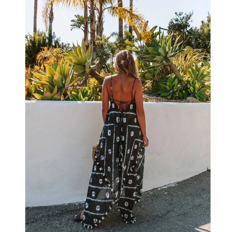 

Lugentolo Sexy Beach Dress Women Summer Fashion Print Spaghetti Strap Lace Up Long Dress Irregular Hem Tassel Dresses