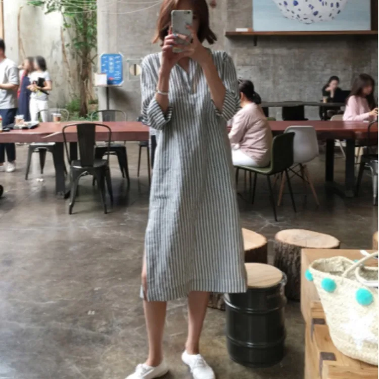 

Женское платье-рубашка-поло в полоску, свободное повседневное длинное платье в простом стиле, лето 2022