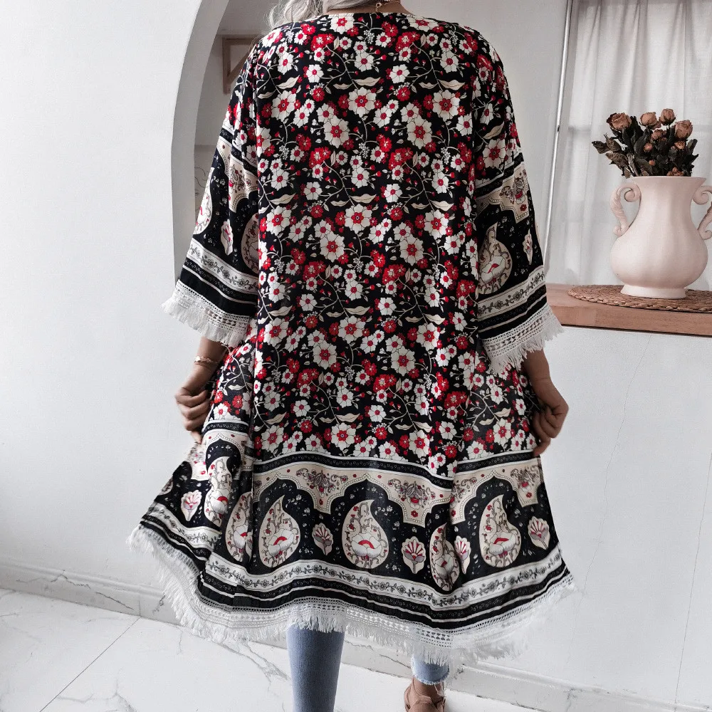 

Women Bohemia Beach Cover Up Summer Fringed Trumpet Sleeve Printed Sunscreen Shirts Floral Blouses Casual Tops Female Clothing
