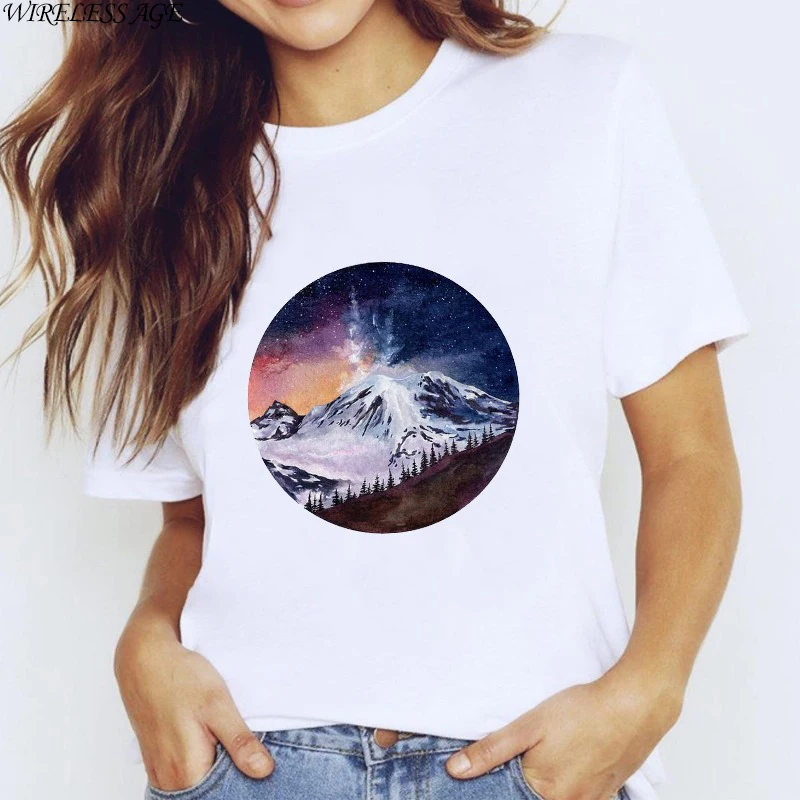 

WIRELESS AGE T Shirt Women Short Sleeve Round Neck Creative Landscape Trees Printed Loose Casual Tops New Summer Fashion Wild