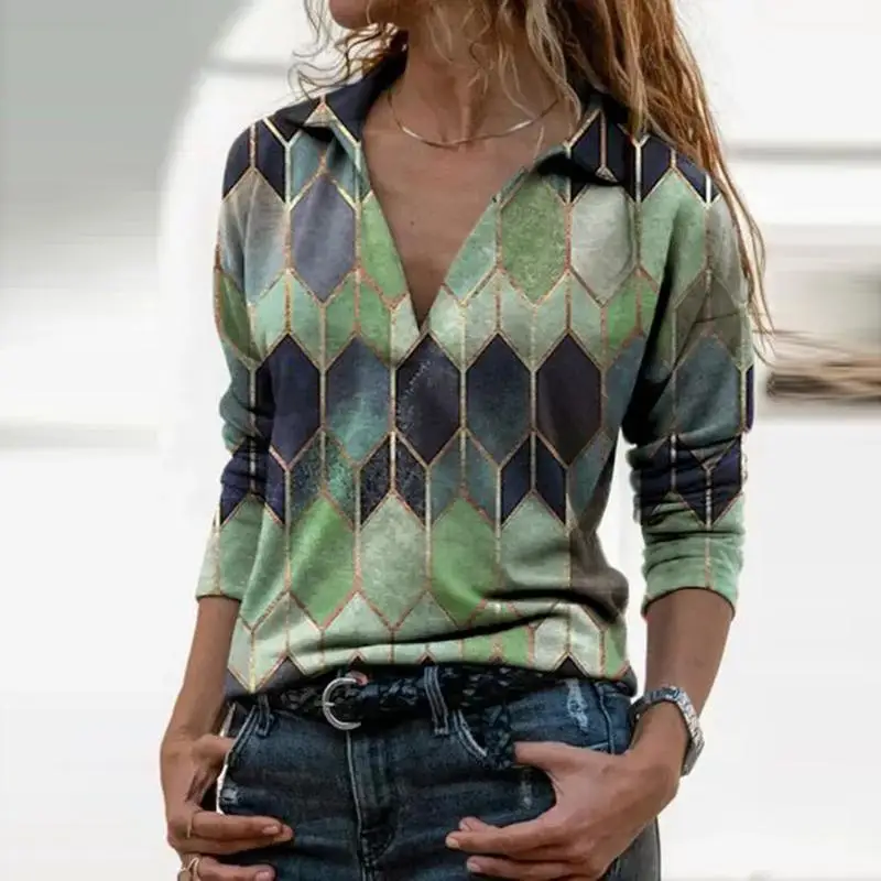 

Women's t Shirt Spring Long Sleeve Asymmetrical Plaid Print Women Clothing Turn-Down Collar V-Neck Casual Soft Female Pullovers