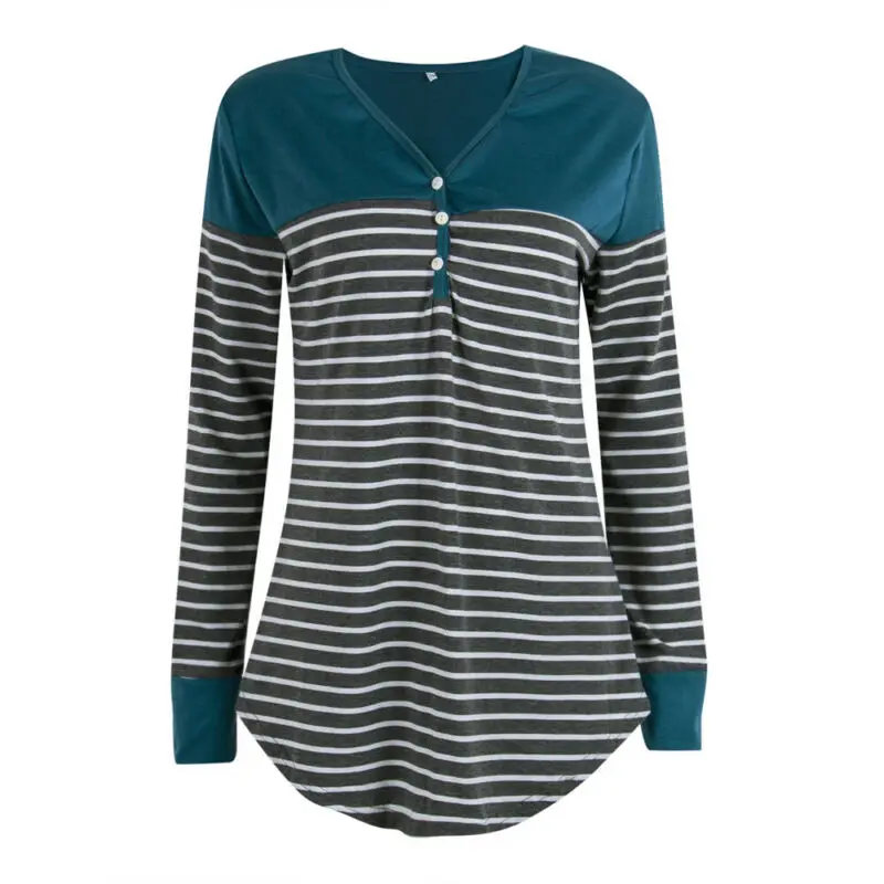 

Oversize Summer Women T Shirt Stripe Print Casual Tee T-shirt Ladies Long Sleeve V Neck Loose Tee Tops Autumn Female Streetwear