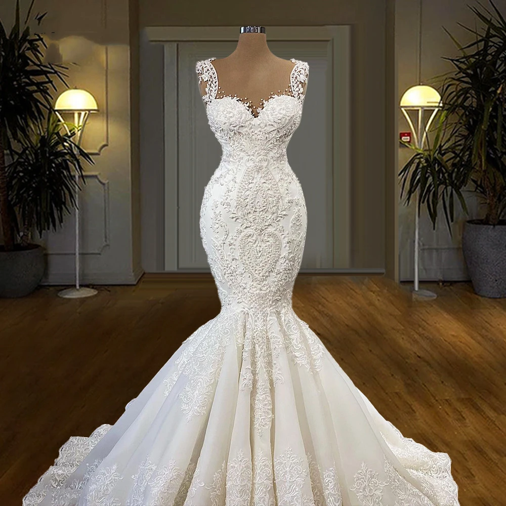 

Gorgeous African Mermaid Wedding Dresses Bridal Gowns Lace Appliqued Beaded Sweep Train Plus Size Vestido De Noiva