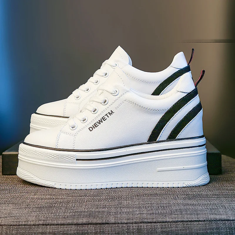 

Genuine Leather White Shoes Women Platform Sneakres On Chunky Heel 2021 Spring Female White Sneakers Wedges High Heel Shoes