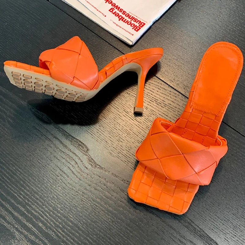 

Nude Cow Leather Weave Design Mules Sandals Women Square Peep Toe High Heel Slippers Lady Summer Party Shoes Woman zapatos mujer