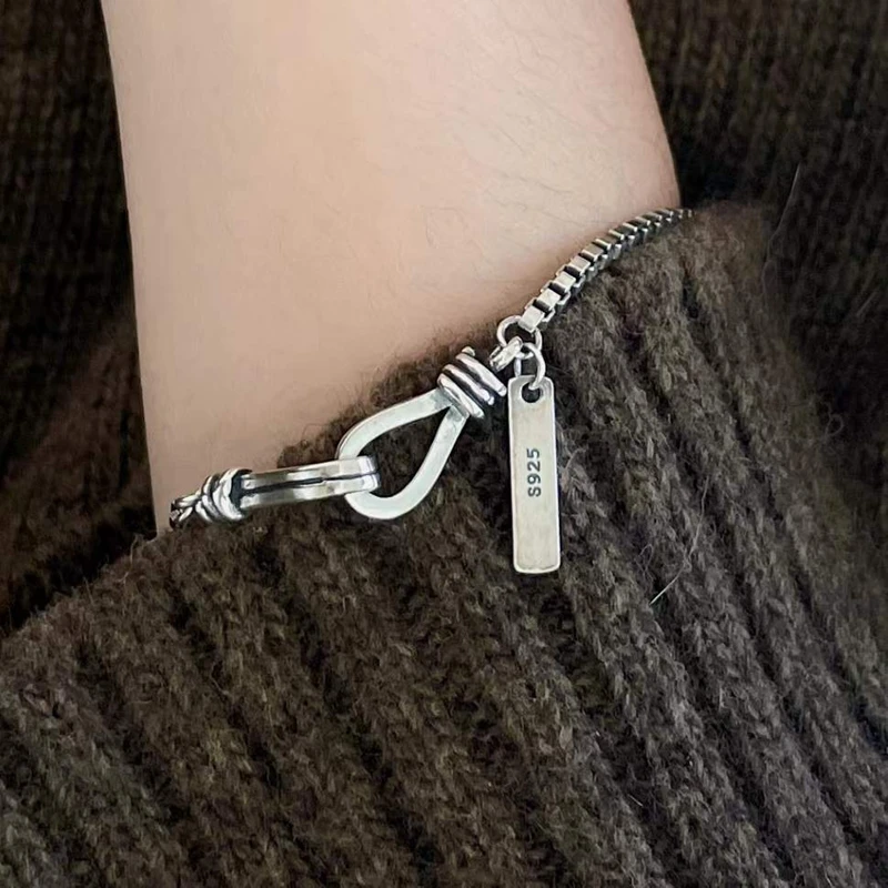 

Solid 925 Sterling SIlver Made Old 3mm Box Chain Bracelet for Men Women Retro 17cm 19cm Cool Bracelet