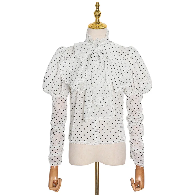 

Spring 2021 New Stylish Casual Stand Collar Bubble Sleeve Bow Single Breasted Shirt Women Loose Cardigan Bb82