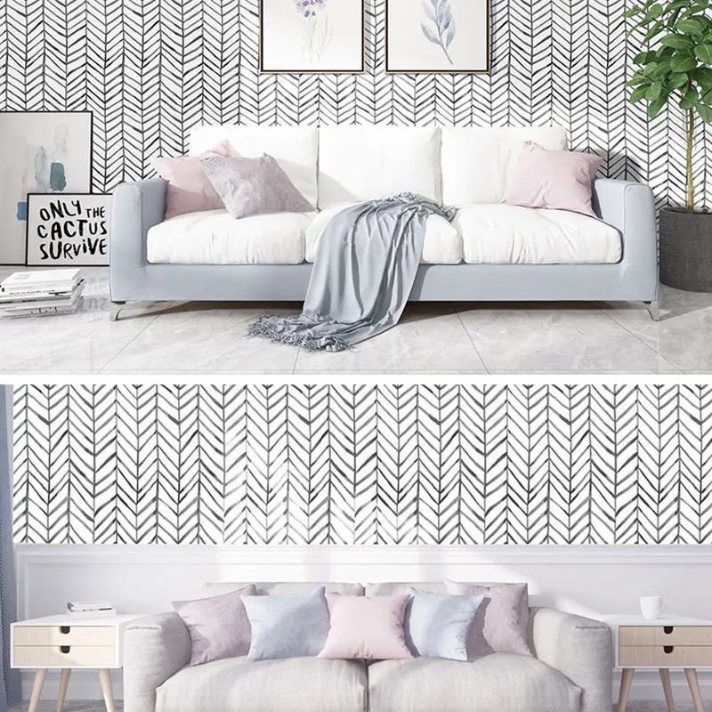 

Modern Striped Peel And Stick Wallpaper Herringbone Black And White Striped Vinyl Self-Adhesive Wallpaper For Home Decoration