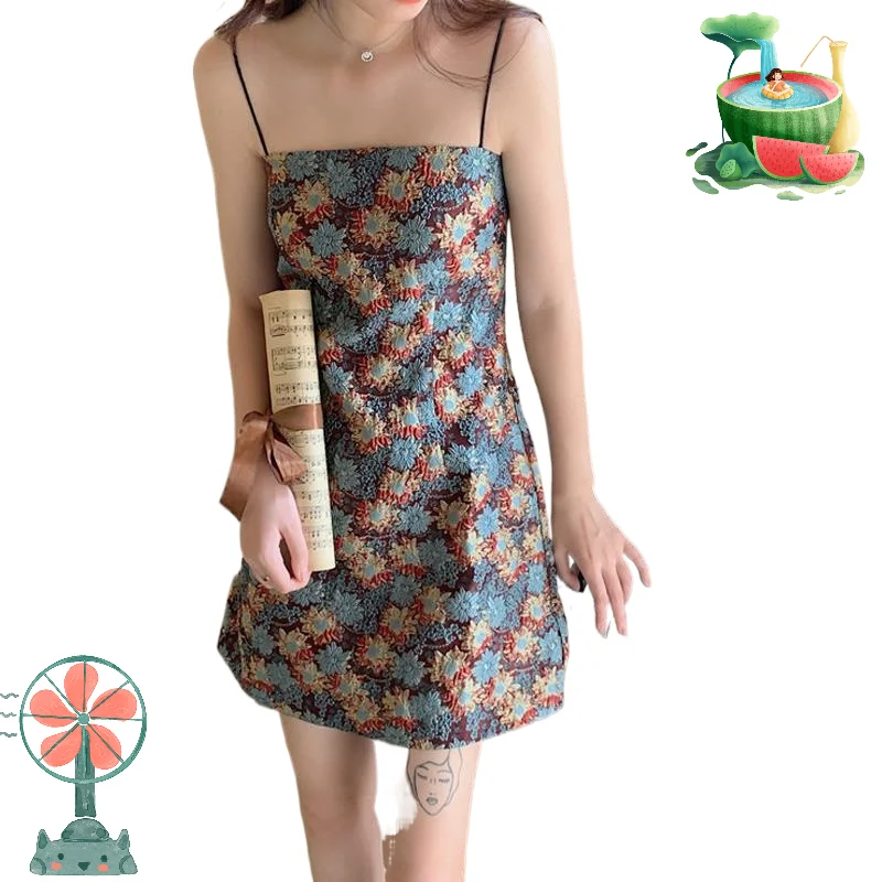 

Floral dress female 2021 summer new lady retro oil painting dress slim slim sexy suspender skirt Star same style floral skirt