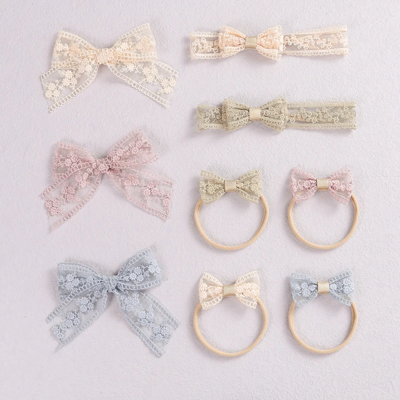 Cinta para cabeza con lazo para beb&eacute;, bandanas bordadas de encaje para ni&ntilde;a, turbante Kawaii, diademas de nacimiento para reci&eacute;n nacidos, accesorios el&aacute;sticos con Clip-1