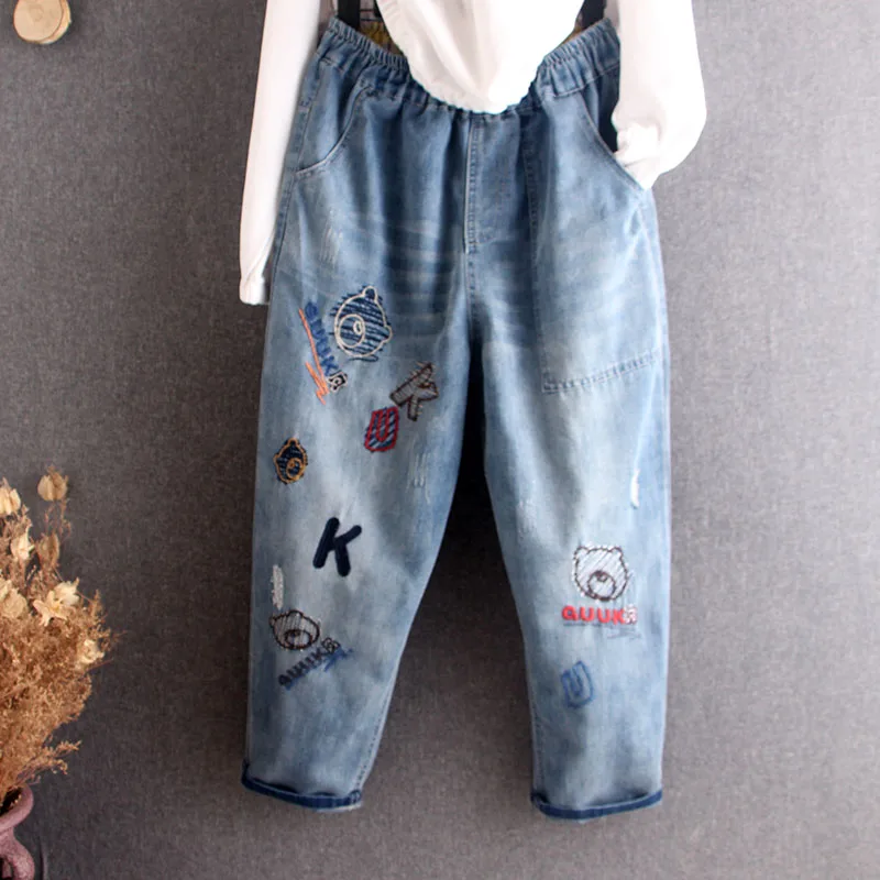 

Монстер Хай на талии и милым рисунком героя из мультфильма, с изображением медведя джинсы с вышивкой в виде отпечатка женские джинсы джинсо...