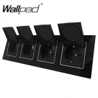 Четверка ЕС пыли Кепки гнездо круглая коробка крепление CE Wallpad люксовые клавишные черного цвета с украшением в виде кристаллов Стекло 4 способа рамка 16A ЕС штепсельная розетка с когтями