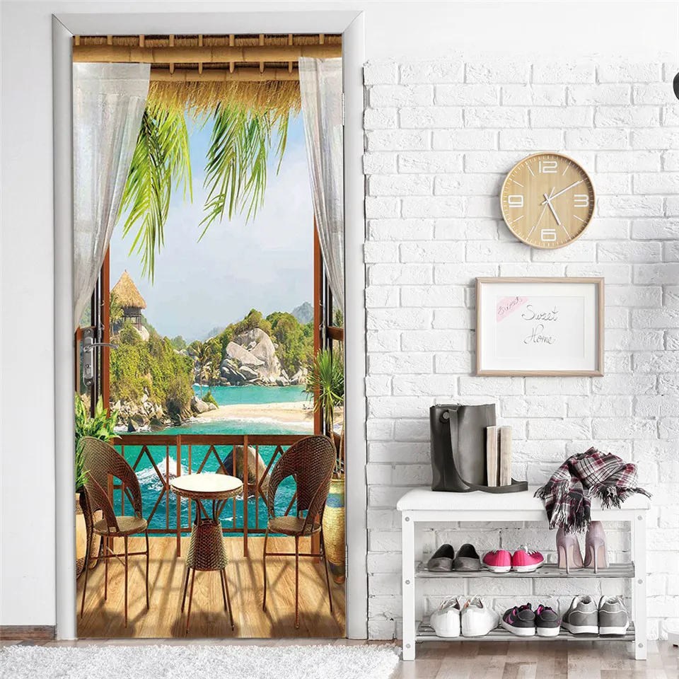 Beach Sun Self-adhesive Door Wallpaper 3D PVC Home Design Decoration Sticker Porte Scenery Poster Mural Wall Decals deursticker | Дом и сад