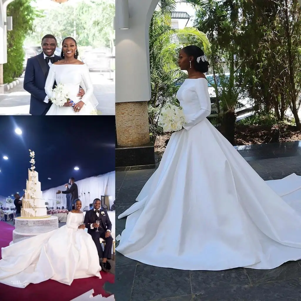 

African Arabic Black Girls A Line Satin Long Wedding Dresses 2021 New Portrait Neckline Long Sleeves Bridal Gowns Long Court