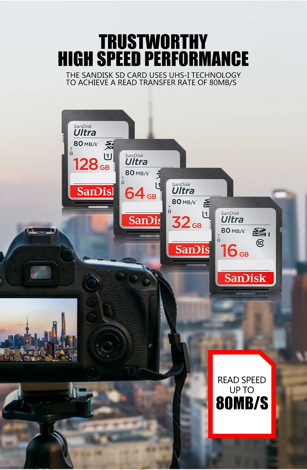 Двойной Флеш-накопитель SanDisk SD карты Ультра Макс 80 МБ/с. чтения Скорость 64 Гб 128 ГБ оперативной памяти, 16 Гб встроенной памяти, 32 ГБ, класс скорости 10 карт памяти UHS-I SDHC/SDXC Для Камера видео