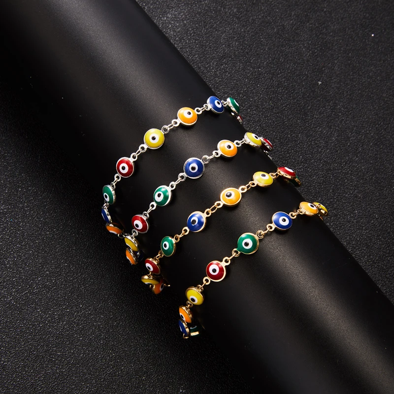 

Trendy Turkish Colorful Evil Eye Bracelets for Women/Men Fashion Metal Chain Charm Bracelet Round Jewelry Best Friends Gift 2022