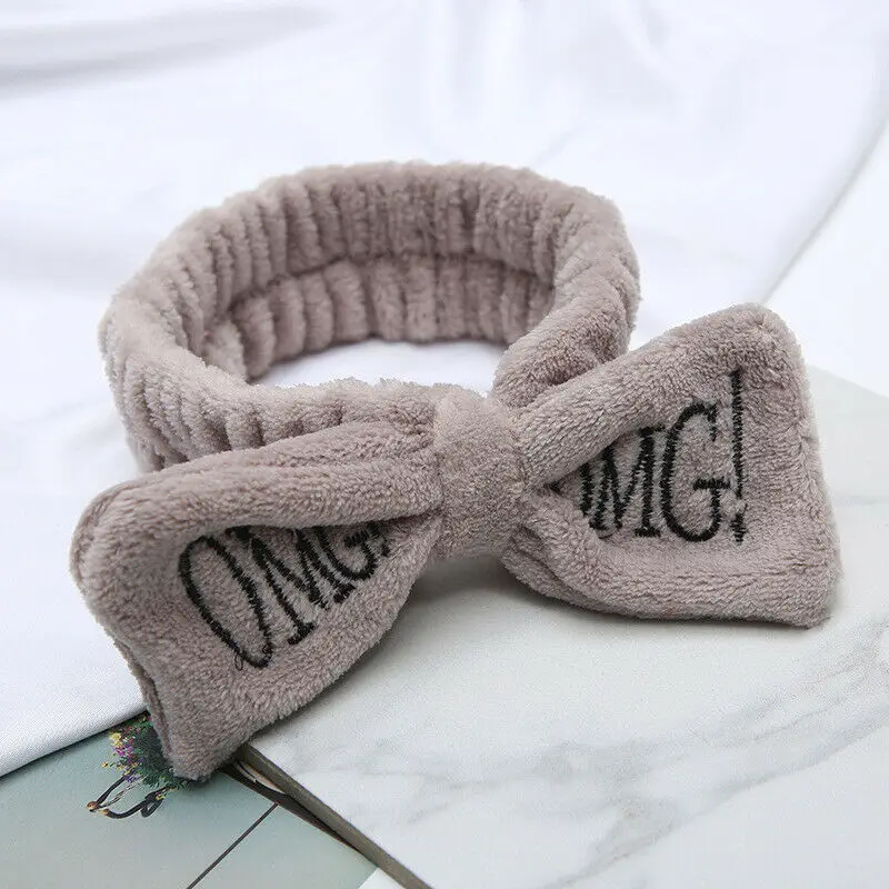 Khaki OMG Повязка на голову из кораллового флиса с бантом для макияжа для женщин, женская маска для мытья лица, косметическая повязка на голову, эластичные мягкие аксессуары для волос в виде тюрбана - Цвет: Khaki OMG