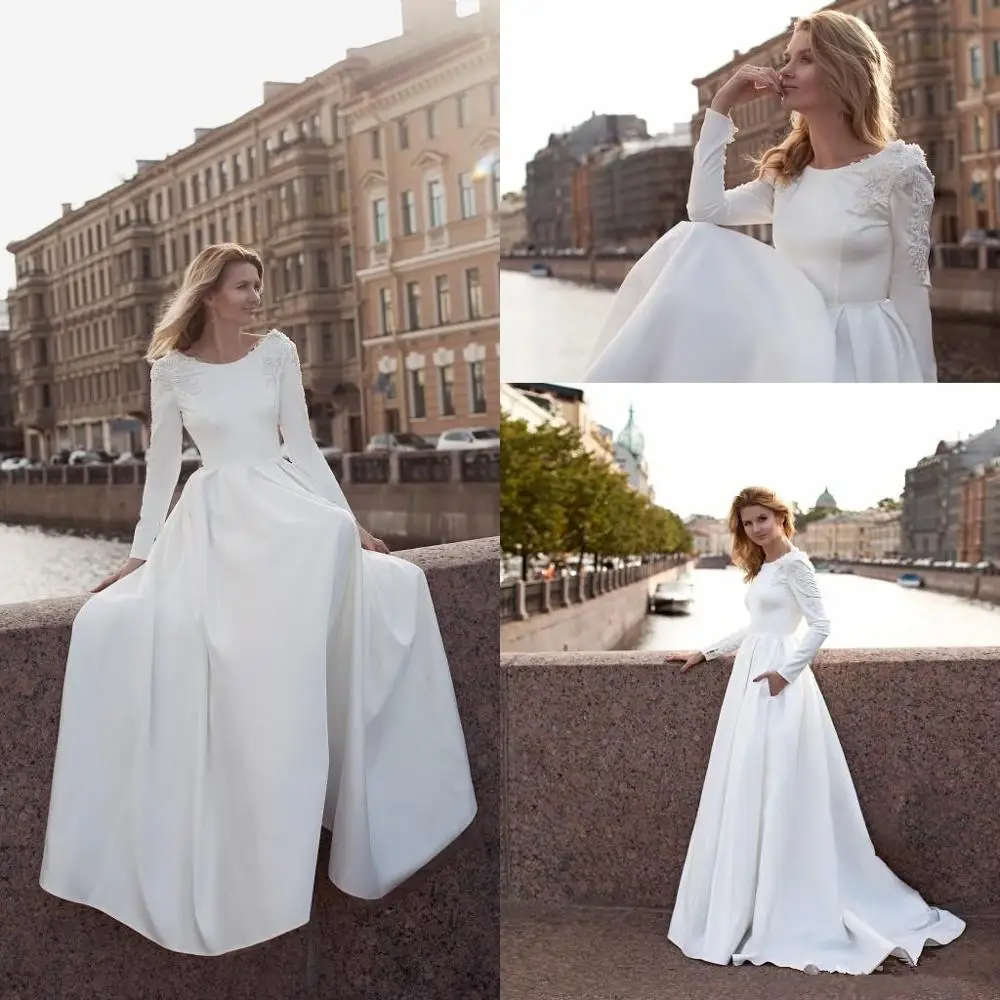 Элегантные атласные свадебные платья 2020 с жемчужинами и аппликацией на шее