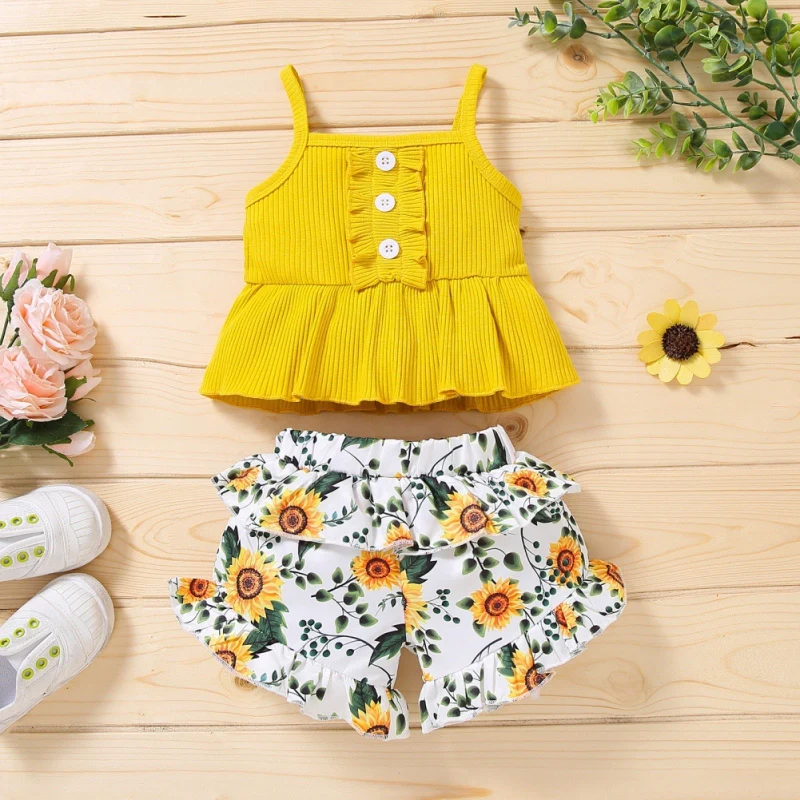 

Girls Girl Halter Top + Floral Shorts Sleeveless Top Newborn Toddler Girls Sunflower Tutu Shorts Green Yellow Color