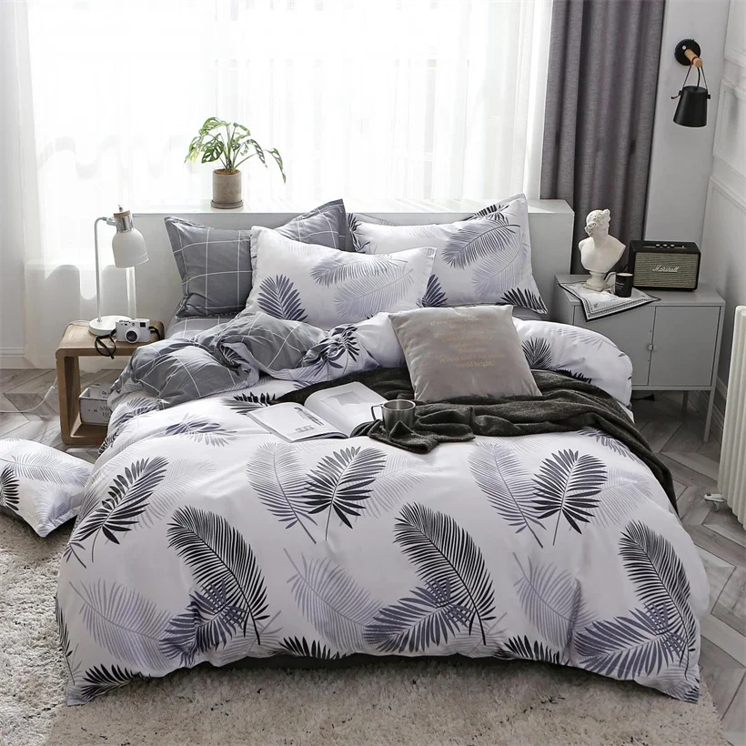 

Комплект постельного белья с белыми листьями, наволочка, пододеяльник, простыня, стеганое одеяло в скандинавском стиле