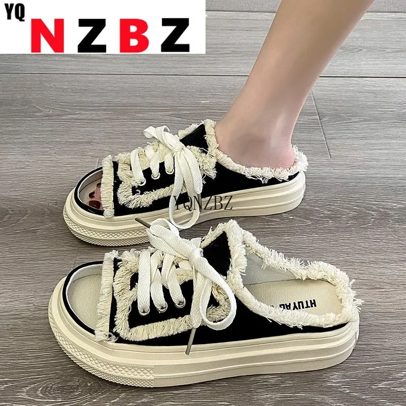 

Women Canvas Flat Slippers 2022 New Women Lace Up Casual Shoes Female Fashion Platform Slipper Lady Denim Beach Open Toe Sandals