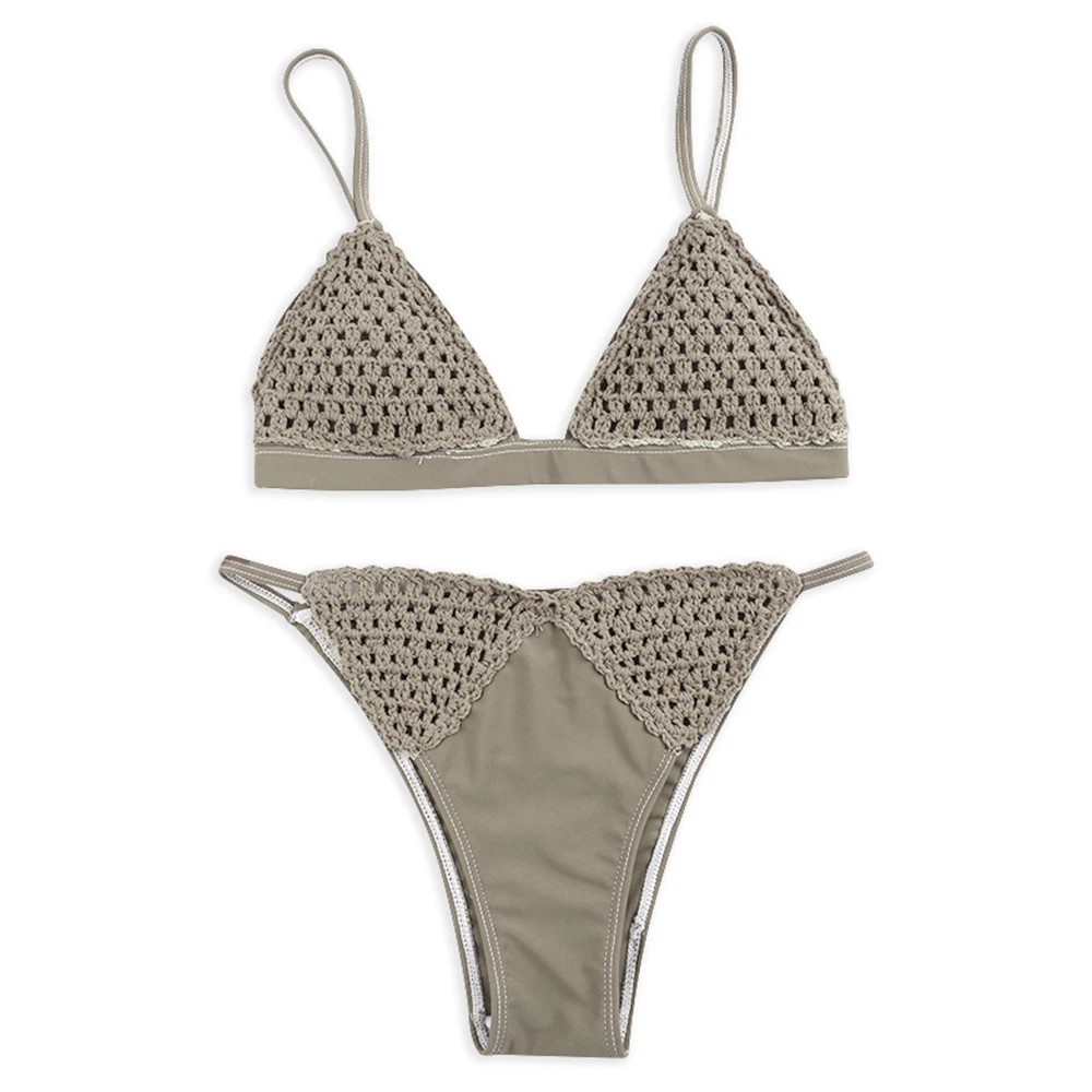 Khaki Crochet Bikini Сексуальные микро связанное крючком бикини, ручная работа бразильский микро стринги вязаный Плавание костюм Для женщин однотонные Плавание одежда Пляжная одежда для купания ванный комплект - Цвет: Khaki Crochet Bikini