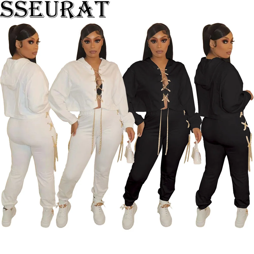 

Женский спортивный костюм SSEURAT, комплект из двух предметов: свитшот с капюшоном и брюки-джоггеры на завязках с цепочкой, одежда для фитнеса