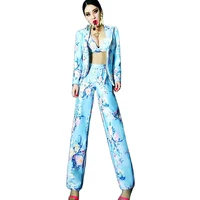 floral pattern printing azure color three piece suit personality performance costume ladies party evening costumes dance wear